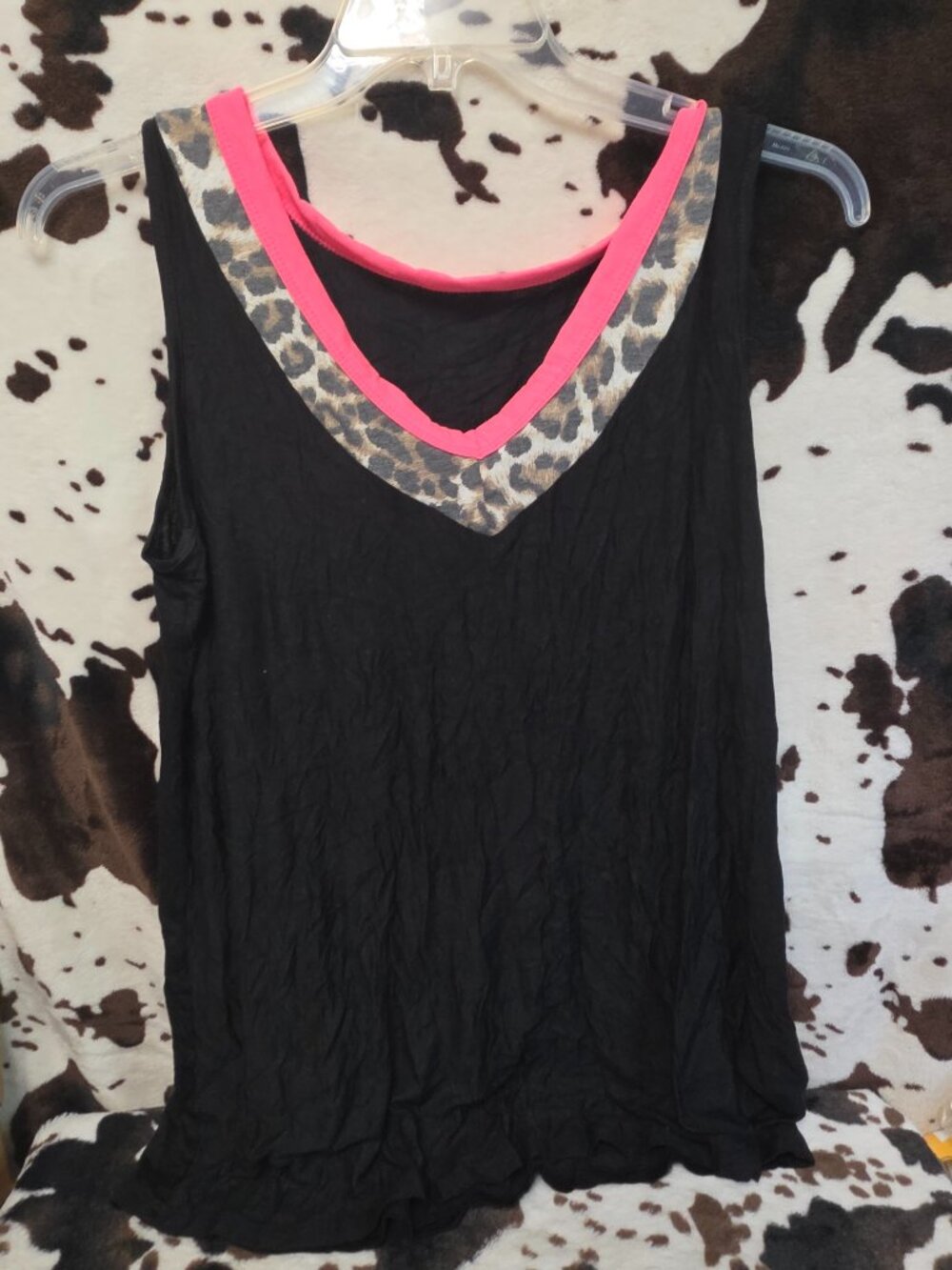Black Sleeveless Tank Top Leopard Trim Pink Accent Flowy Casual Top Medium